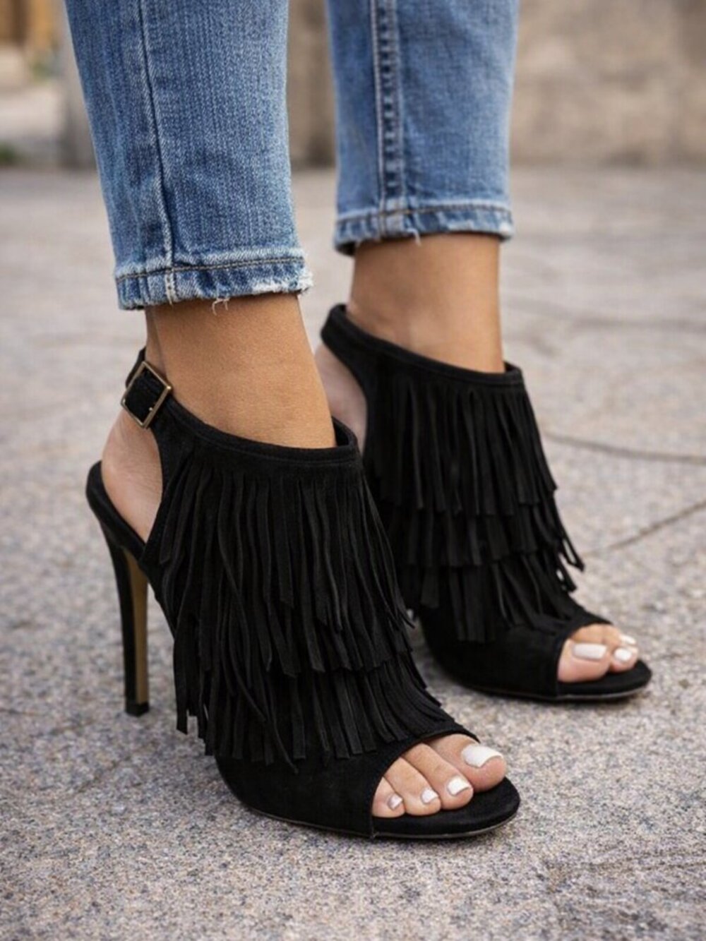 Topshop Black Fringe Peep-Toe Slingback Heels